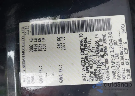 2016 Nissan Altima 3.5 Sl/3.5 Sr z USA, uszkodzony, nr VIN 1N4BL3AP5GC120436